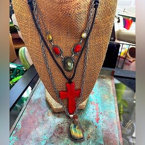 Labordarite Coral Citrine Sterling Silver 3pc Set Layering Necklaces,Coral Cross